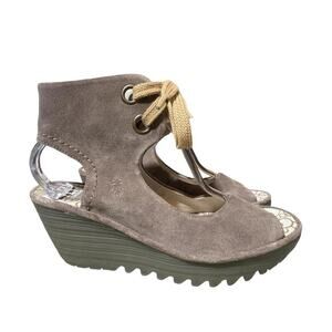 Fly London Yaffa Lace Up Wedge Sandal Brown Suede Women size 39 US 8-8.5